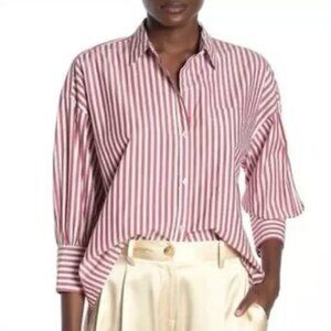 Nili Lotan Lonnie Top $325 Size Medium Pink White Stripe Button Up Shirt Cotton